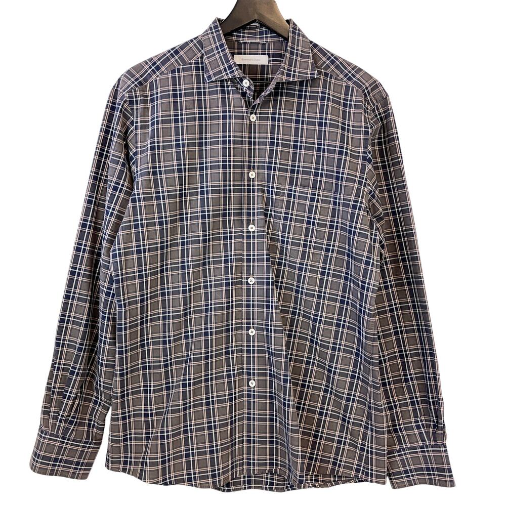 Ermenegildo Zegna Size L 100% Cotton Brown Black Plaid Button Down Shirt